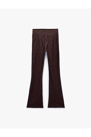 Koton İspanyol Paça Spor Tayt Leopar Desenli Slim Fit Yumuşak Tuşe Yüksek Bel Kahverengi Desenli 7wak40023nk