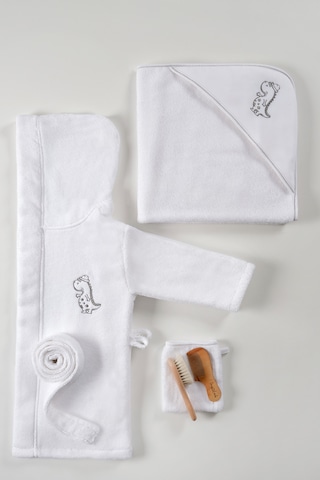 Bebek Banyo Seti Premium - Dino Pure Dream Bornoz - Kundak Havlu - Banyo Kesesi - Fırça - Tarak Seti Diğer