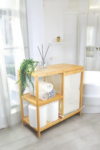 Digithome Bambu 3 Raflı Kumaş Sepetli Banyo Düzenleyici Kirli Çamaşır Sepeti D/8 Jw-22750 Naturel