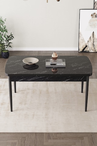 Lamina Siyah Mermer Mdf 80x132 Ahşap Ayaklı Açılır Üstkalite Mutfak Masası,yemek Masası,salon Masası Siyah Mermer Desen