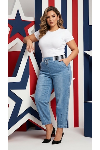 Zanessi Fashıon Büyük Beden Beli Lastikli Cepli Likralı Denim Mom Kesim Kadın Pantolon Beyaz