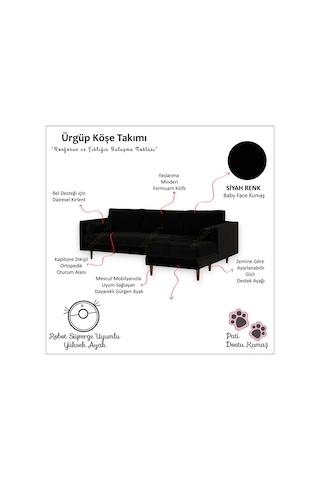 Ürgüp Modern Köşe Koltuk Takımı - Siyah - Sağ Köşe - Baby Face Yumuşak Kumaş Siyah