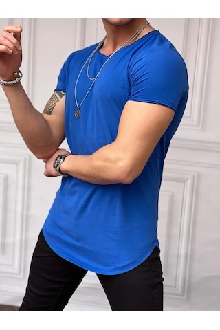 Modefendi Slim Fit Oval Kesim Pamuk Basic Tshırt Saks Mavisi
