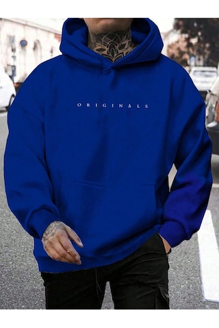 Unisex Oversize Original Baskılı Saks Mavisi Kapüşonlu Sweatshirt Saks Mavi