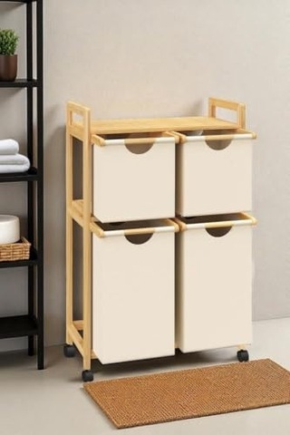 Bambu 4 Bölmeli Kirli Sepetli Çamaşır Sepeti Raflı Banyo Düzenleyici Db-0018 Çok Renkli
