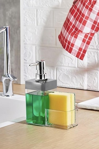 Gri Renkli Sıvı Sabunluk Süngerlik Hazneli 450 Ml