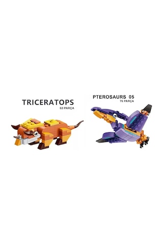 2'li Dinozor Yapım Seti - Triceratops Ve Pterodactyl Figürlü Eğitici Blok Oyuncak 139 Parça