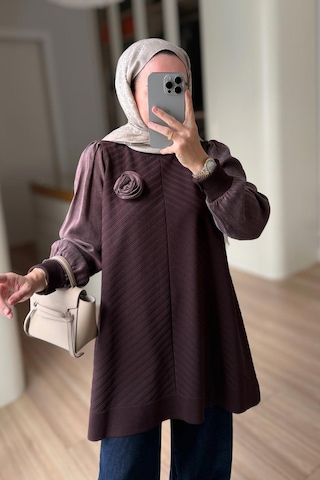 Kahijab Gül Detay Merserize Tunik - Kahverengi