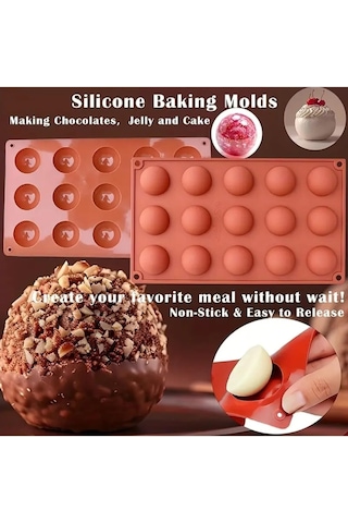 Siliko World 15'li Yarım Küre Muffin, Çikolata, Kek Kalıbı, Silikon 3,8cm, Kırmızı