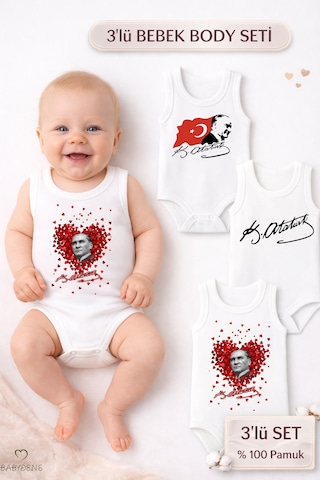Babyden's 3 Lü Atatürk Temalı Bebek Body Seti %100 Pamuk Kolsuz Çıtçıtlı Zıbın Yenidoğan & Bebek Body Takımı Beyaz