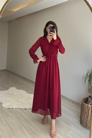 Neşeli Butik Kadın Uzun Kollu Kuşaklı Maxi Şifon Elbise Nm001 Bordo