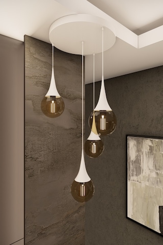 Liora Modern Beyaz Metal Avize - Bal Cam, 4'lü Sarkıt, E27 Duy,