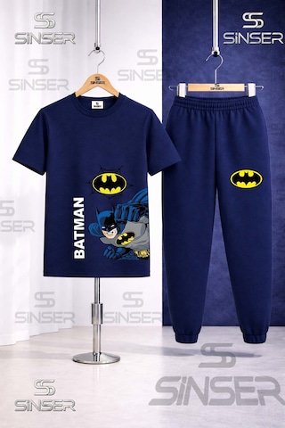 Ss Sinser Çocuk Batman Yan Yumruk Yazı Byk Baskılı Tişort Eşofman Takımı Lacivert