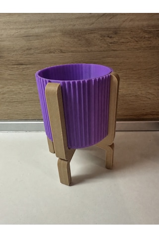 3d Baskı Ayaklı Çizgili Saksı - Bej Standlı Dekoratif Saksı - Mor -