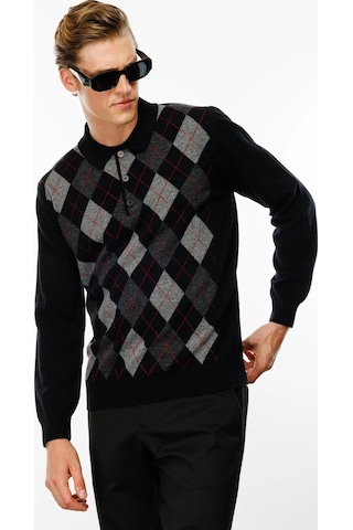 Desen Triko Erkek Polo Yaka Önü Baklava Desenli Yün Kazak 24513 Siyah Siyah