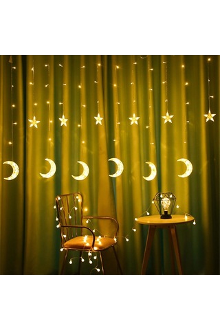 Desenli Ay Yıldız Saçak Perde Led Işık, 8 Animasyonlu, 3 Metre Saçaklı Led Perde Işık