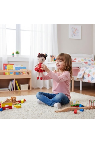 Kız Çocuklar İçin Kırmızı Elbiseli Tığ İşi Amigurumi Oyuncak Kırmızı