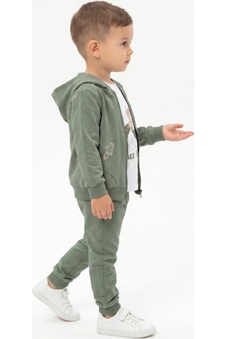 Toontoy Kids Toontoy Erkek Çocuk 3'lü Eşofman Takımı Uzun Kollu Bisiklet Yaka Nakışlı T-shirt - Kapüşonlu Fermuarlı Hırka- Beli Paçası Lastikli Eşofman Altı 25045 Yeşil