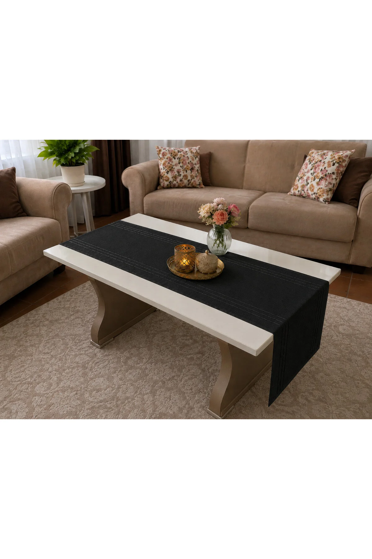 %100 Polyester Dertsiz Leke Tutmaz Şerit Desenli Runner Masa Örtüsü 34x200 Cm Siyah