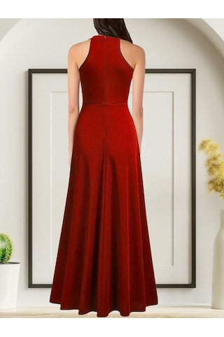 Soonaksesuar Kadınhalter Yaka Derin Yırtmaç Detaylı Tam Boy Ithal Krep Abiye Elbise Kırmızı
