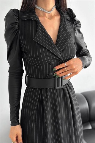 Dip Moda Kadın Deri Ve Omuz Detaylı Çizgili Elbise Kklf64 Siyah