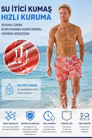 Su İtici Özellikli Dijital Baskılı Erkek Plaj Deniz Şort Mayo - D043-turuncu