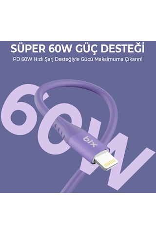 Bix ﻿BXSC1CL 60W Type-C To 1.2 M Lightning Silikon Şarj ve Data Kablosu Lavanta