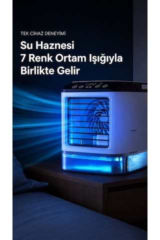 Mini Klima Soğutucu Ultrasonik Soğutmalı Vantilatör Serinetici Sesiz Ve Taşınabilir 900ml Su Hazneli Hava Nemlendirici Mini Fan Buz Konulabilir Usb 7 Farklı Led Işıklı Aşağa Yukarı Oynar Izgara Ofis 100 x 100 x 3 mm
