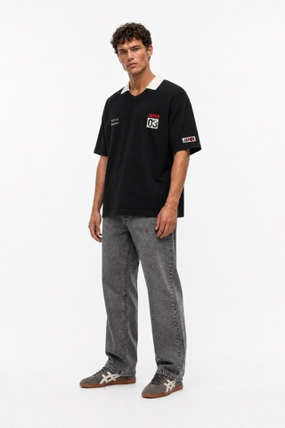 Respire Erkek Yaka Detaylı Oversize T-shirt Siyah