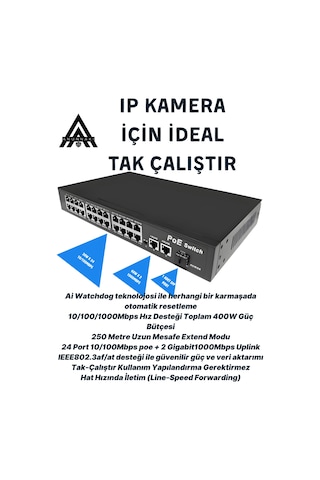 Anunnaki 10324ke 24 Port Poe Switch 400w 2ge Gigabit Uplink +1sfp 250m Extend Ip Kamera Uyumlu