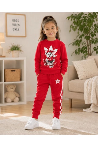 Eray Alp Kids Unisex Çocuk Kırmızı Baskılı Sweatshirt Eşofman Takımı Günlük Rahat Kombin