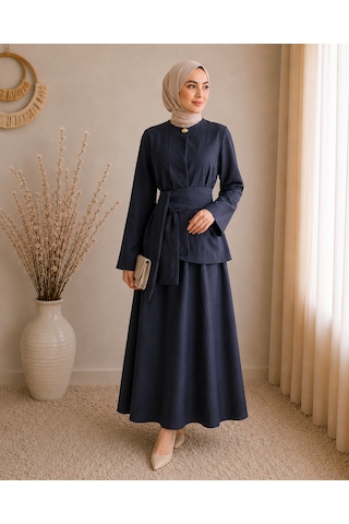 Efulim Womens Sade Broşlu Kuşaklı Alt-üst İkili Tesettür Takım Lacivert