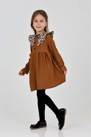 Bürümcük Kumaş Leopar Yaka Detaylı Kız Çocuk Elbise Kahverengi