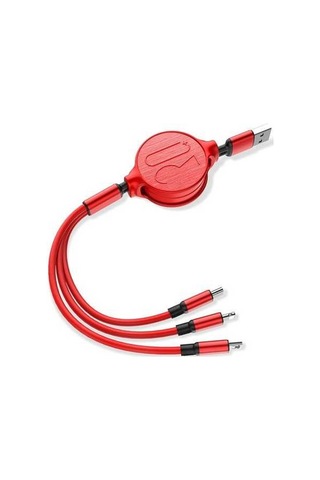 Sandwich Kırmızı 3.6ft Genişletilebilir 3 Cihazlı Şarj Kablosu Lightning Type-c Micro Usb 2a Hızlı Şarj