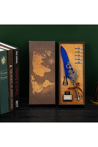 Vintage Gear Wing Kuş Tüy Kalemli Divit Yazı Seti Lacivert