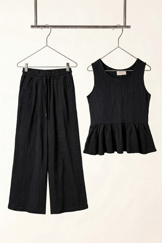 Angel&co. Girls Clothing Kız Çocuk Müslin Bluz Pantolon 2'li Takım Siyah Siyah