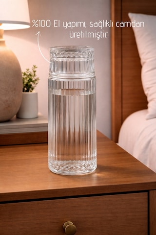 El Yapımı Cam, Linea Modelli Başucu Sürahisi - 730ml. Bardaklı Sürahi