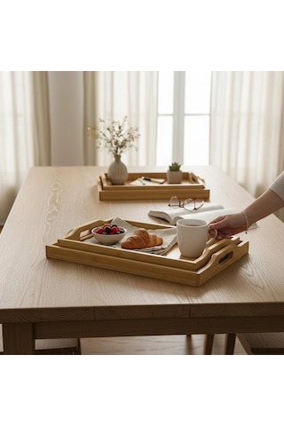 Mybru Dikdörtgen Bambu Tepsi 3'lü Set Ahşap