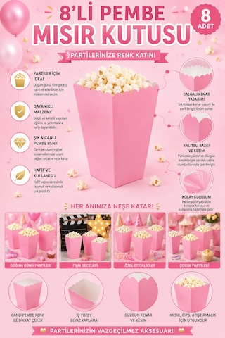 Mısır Kutusu Pop Corn Kutusu Pembe 8'li Doğum Günü Parti Sinema Temalı Patlamış Mısır Kutusu