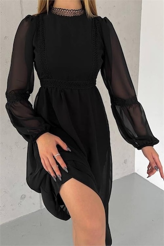 Neşeli Butik Kadın Siyah Midi Boy Astarlı Şifon Elbise Nbk2024 Siyah