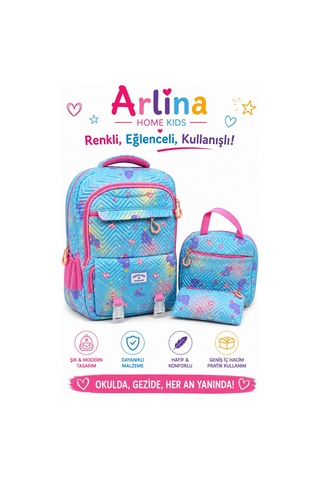 Kore Model 3 Lü Set Su Geçirmez Kız Çocuk Çantası Mavi-pembe Çanta-beslenme-kalemlik Seti Pembe - Mavi