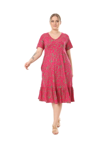 Melsay Butik Göğüsten Robalı V Yaka Kısa Kollu Pembe Çiçek Desenli Cepli Elbise Pembe