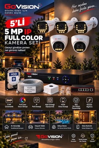 Go Vision 5'li Güvenlik Dome Bullet Ip Kamera Seti - 3.6mm Lens, H.265, Poe, Warm Led Gece Görüşlü