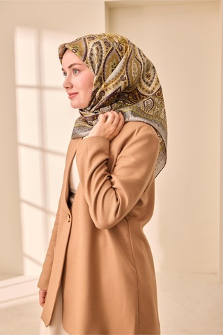 Silk Home Twill İpek Eşarp 11476-49 Acı Kahve, Bej, Yeşil, Yeşil Gri