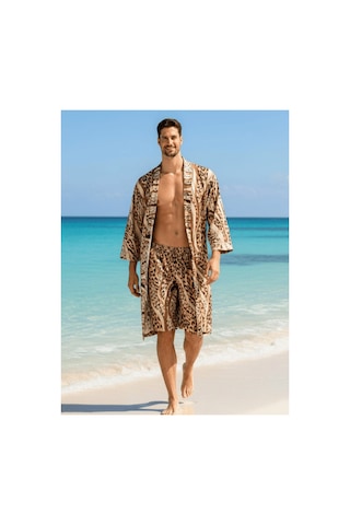 Qmen Style Erkek Kimono Takımı Leopar Desen 3 Lü Viskon Set Bornoz + Pantolon + Şort Bej