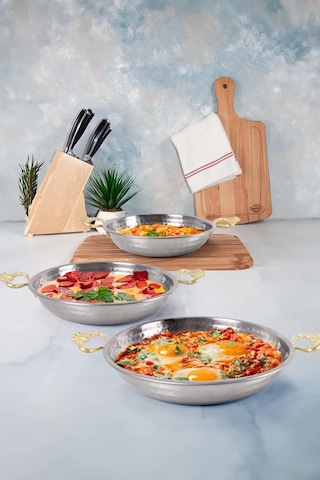 Bakır Görünümlü Çelik Sahan Seti Omlet Yumurta Tavası 3 Lü 19/21/23 Cm