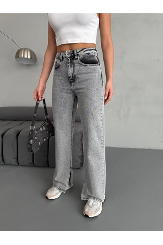 Yırtmaç Detaylı Boru Paça Grey Snow Wash Jean Gri