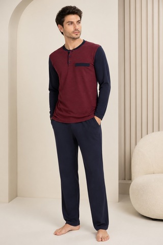Loule Erkek Bordo Jakarlı Pamuk Penye Pijama Takımı Uzun Kollu