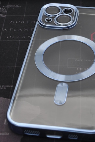 Apple Uyumlu iPhone 14 Magsafe Özellikli Saks Mavi Renkli Kenarlı Lazerli Şeffaf Kılıf Lens Korumalı