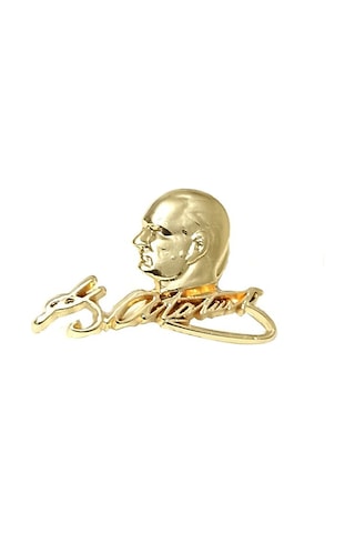 Atatürk Silüet Imza Tasarımlı Gold Metal Yaka Rozeti 1 Adet Çok Renkli